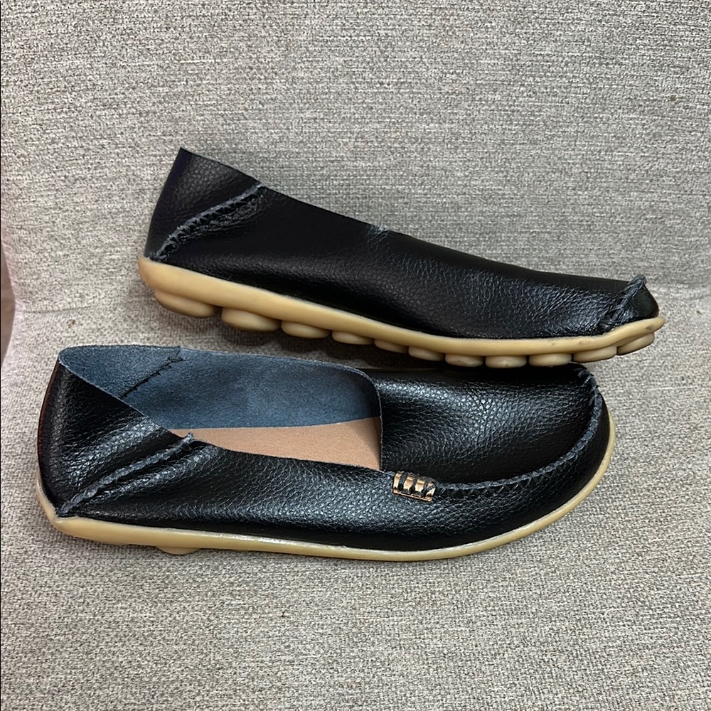 Black Leather Loafers with Tan Soles
